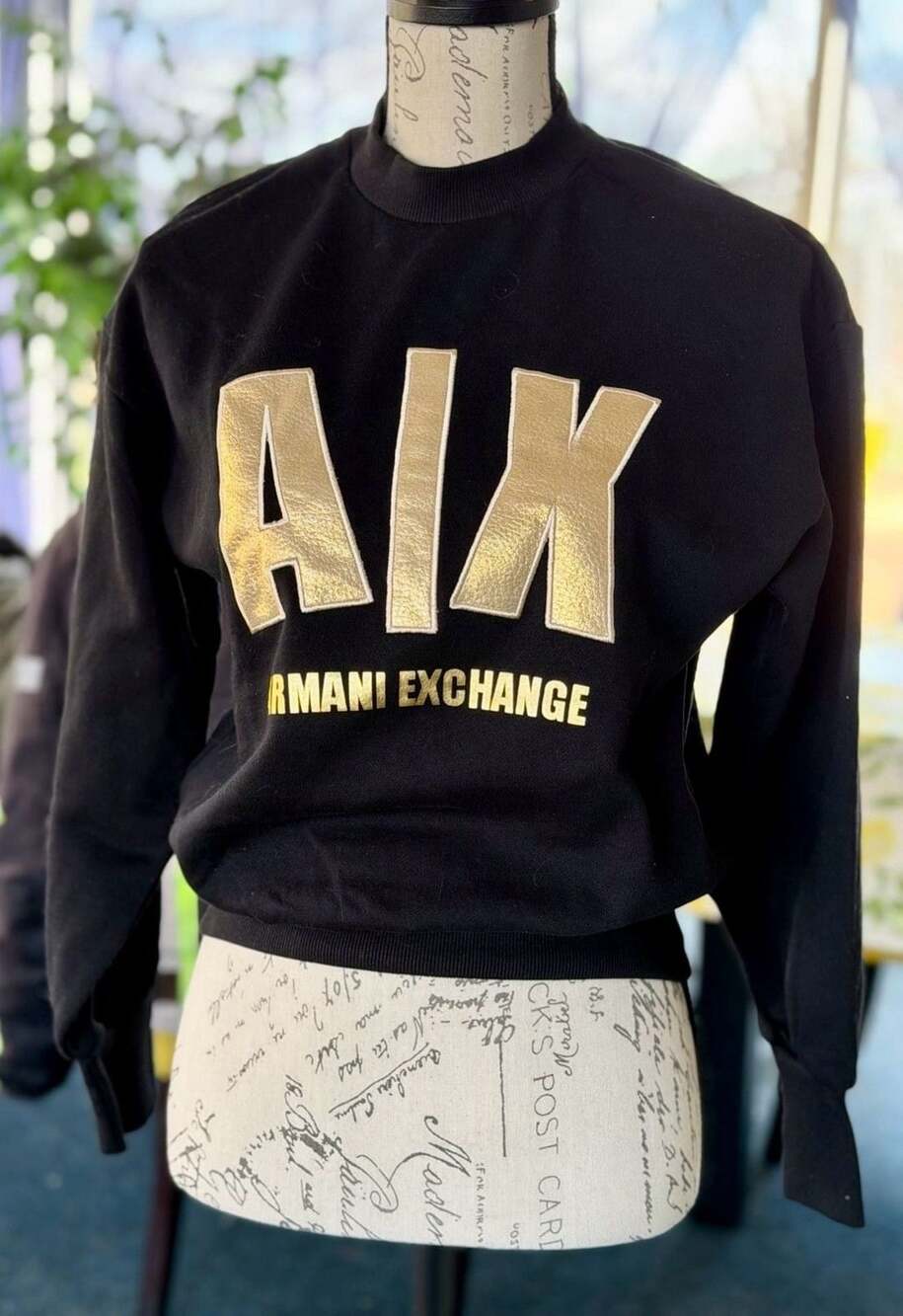 Armani Exchange Womens Black and Gold Metallic Logo Crewneck Sweatshirt Size S